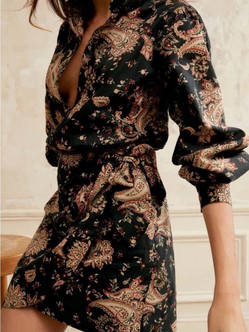 NWT Sezane “Capri” Dress in Paisley Noir 
Wrap Floral Mini Long-Sleeve Brand New - Picture 5 of 11